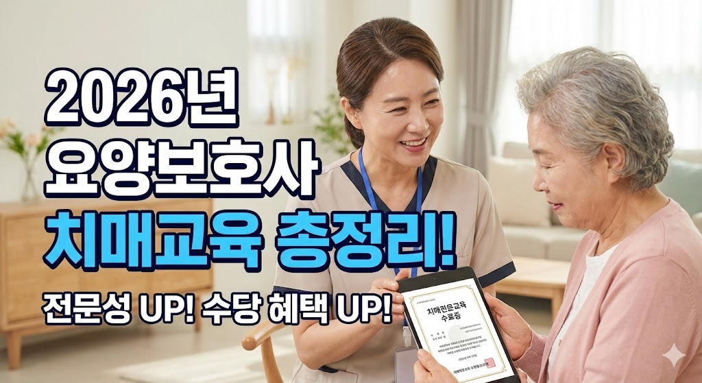 요양보호사가 치매 어르신에게 태블릿으로 치매전문교육 수료증을 보여주며 웃고 있는 모습의 썸네일.