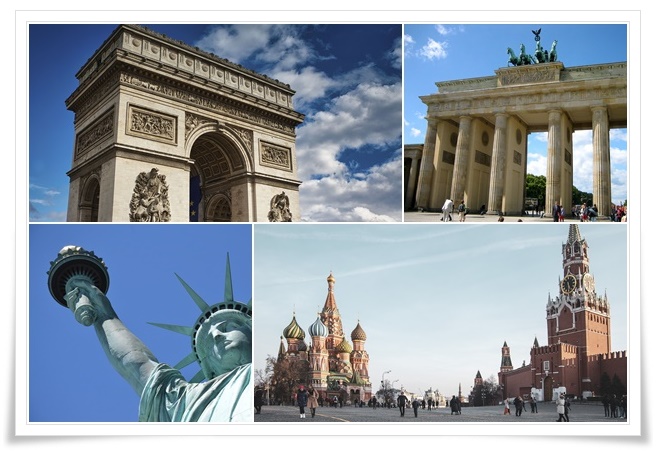 왼쪽 상단부터 시계방향으로 프랑스 개선문, 독일의 브란덴부르크 문, 러시아 크렘린과 붉은광장, 미국 자유의 여신상의 전경들이 한 액자로 만들어진 사진