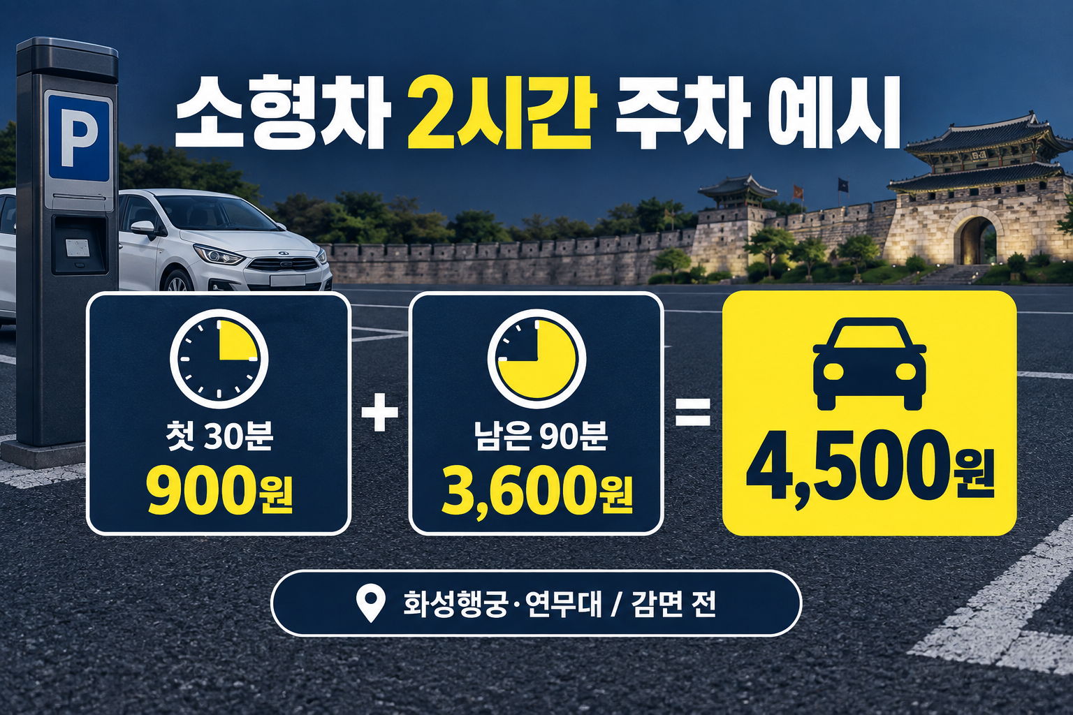 행궁·연무대 주차장에 소형차를 2시간 세운 경우의 감면 전 계산입니다.