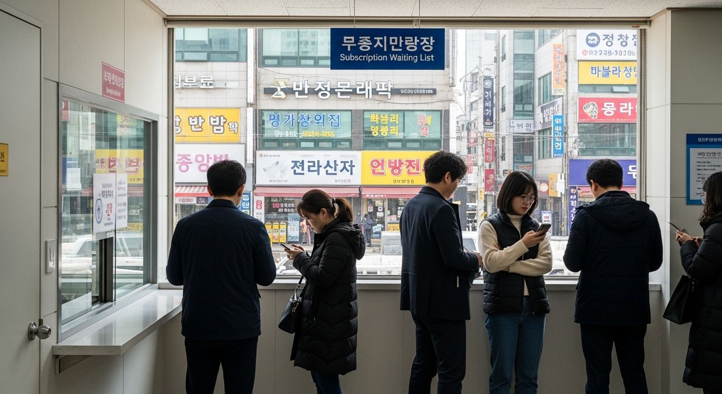 청약 접수 창구 대기표와 창구 풍경, 실제 상황 재현