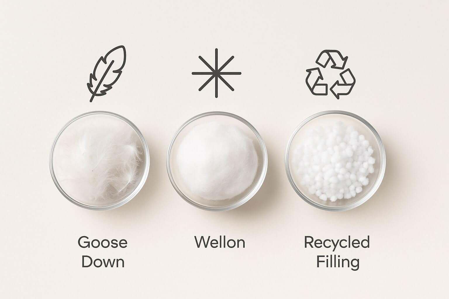 구스다운, 웰론, 리사이클 충전재 샘플이 담긴 유리 볼.