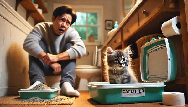 설사를 하는 아기 고양이를 걱정스럽게 바라보는 집사의 모습. 고양이 전용 화장실에서 발생한 장 문제로 인해 집사가 안타까운 표정을 짓고 있다.