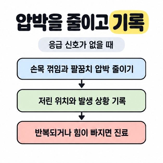 응급 신호가 없을 때 손목과 팔꿈치 압박을 줄이고 저린 위치와 발생 상황을 기록하며 반복되거나 힘이 빠지면 진료받도록 안내한 흐름도