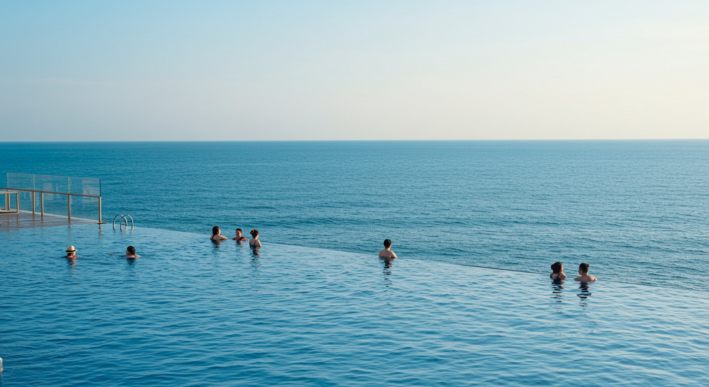강릉 스카이베이 호텔 인피니티풀에서 바다를 바라보는 사람들.