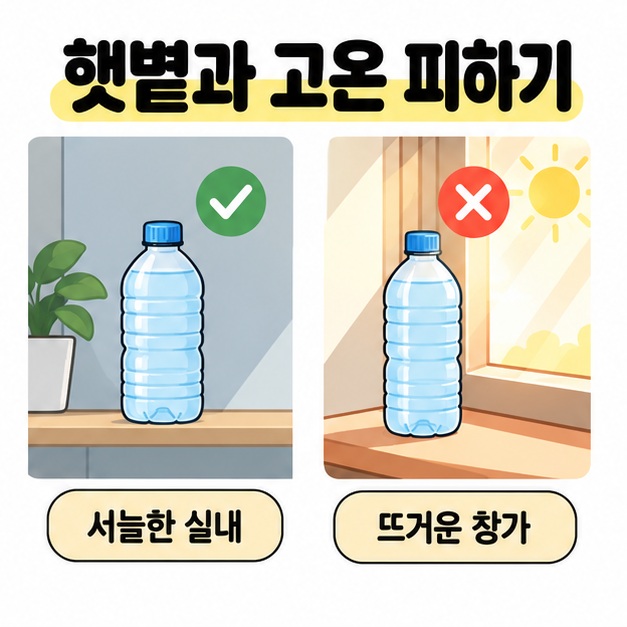 서늘한 실내 선반의 생수병에는 체크 표시를 하고 햇볕이 드는 뜨거운 창가의 생수병에는 X 표시를 한 비교 그림