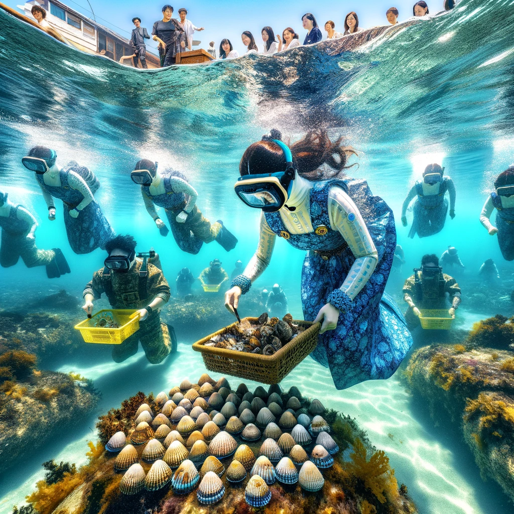 제주 바다에서 해녀복을 입고 물질을 체험하는 참가자들, 맑고 푸른 바닷속에서 전복과 소라를 채취하는 모습