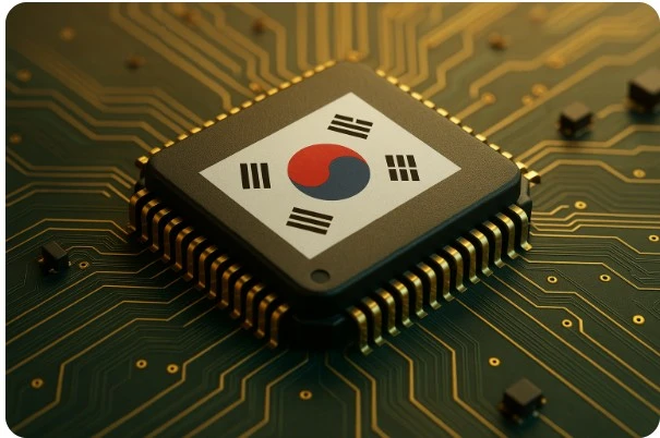 대한민국 국기가 새겨진 반도체 칩 클로즈업 이미지