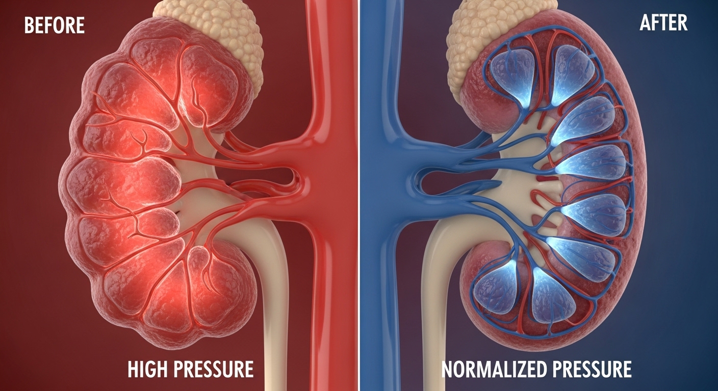 약물이 신장 사구체 내의 압력을 낮추는 과정을 보여주는 상세한 의학 다이어그램