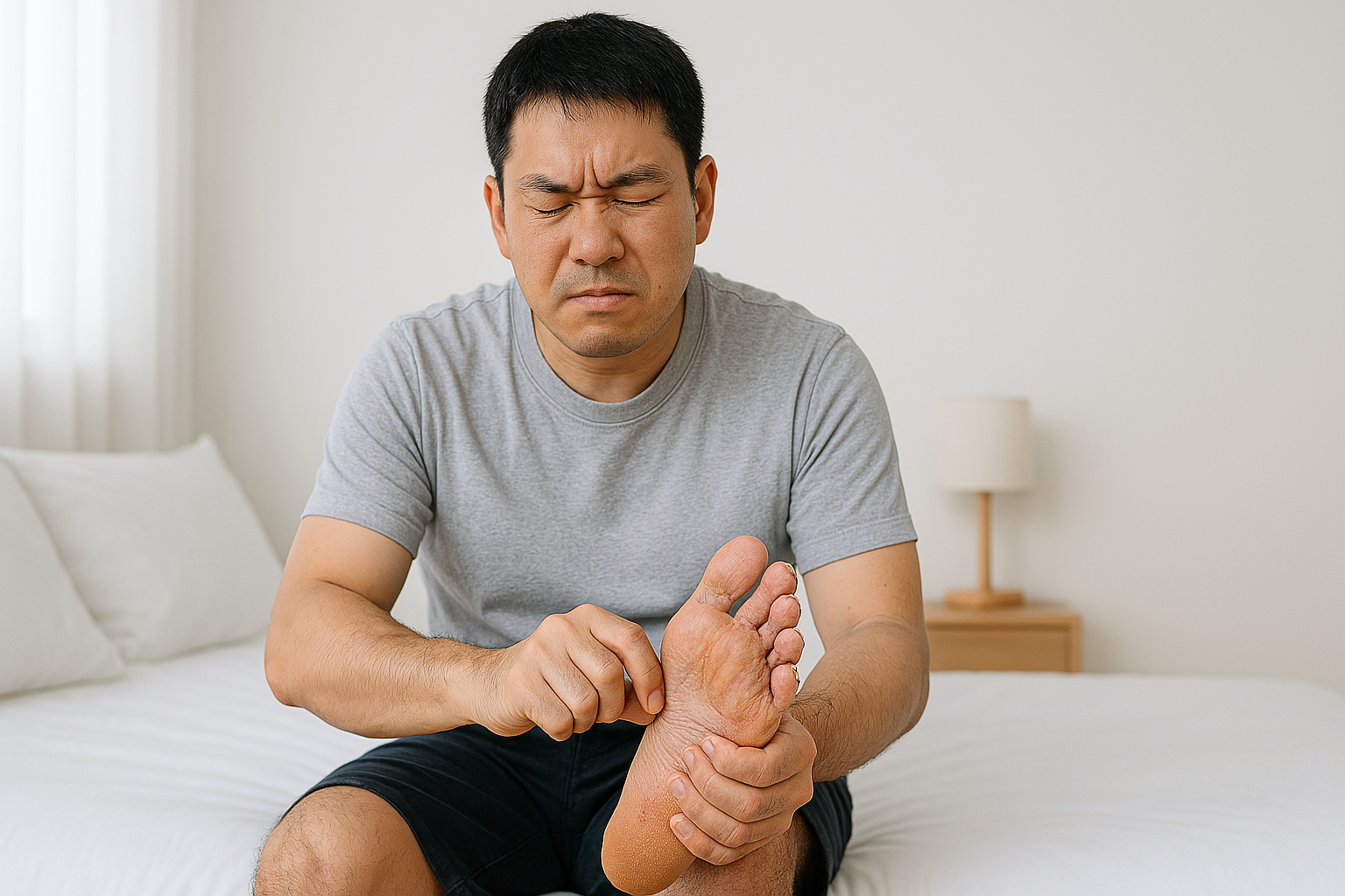 무좀 때문에 발이 간지러워서 긁고 있는 남자 사진