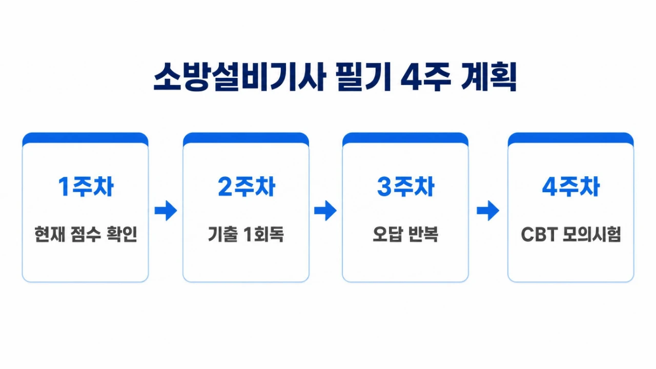 소방설비기사 필기 1주차부터 4주차까지의 공부계획을 단계별로 정리한 이미지