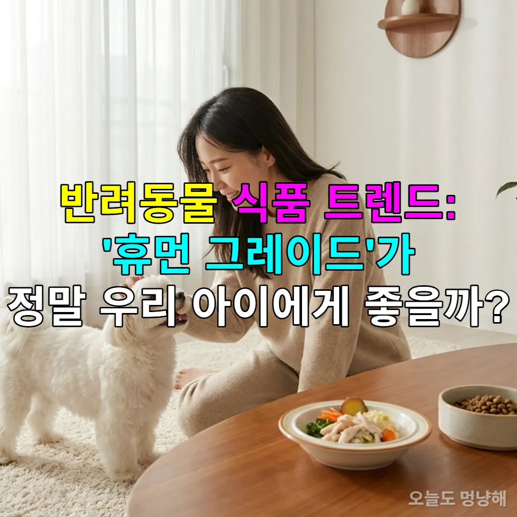 한국인 여성이 몰티즈 강아지에게 휴먼 그레이드 펫푸드를 주고 있는 따뜻한 장면