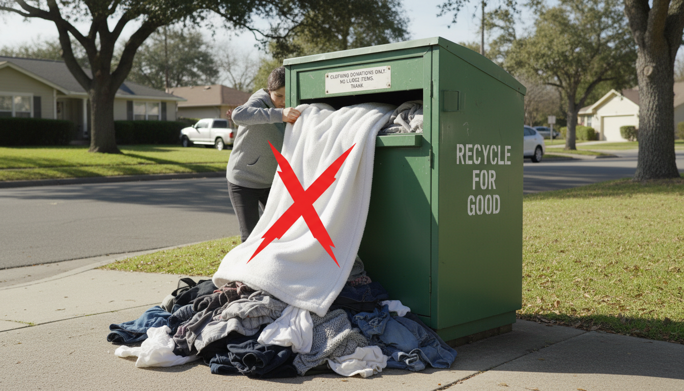 의류수거함에 솜이불을 억지로 넣으려는 모습에 엑스 표시가 쳐진 잘못된 폐기 방법 안내