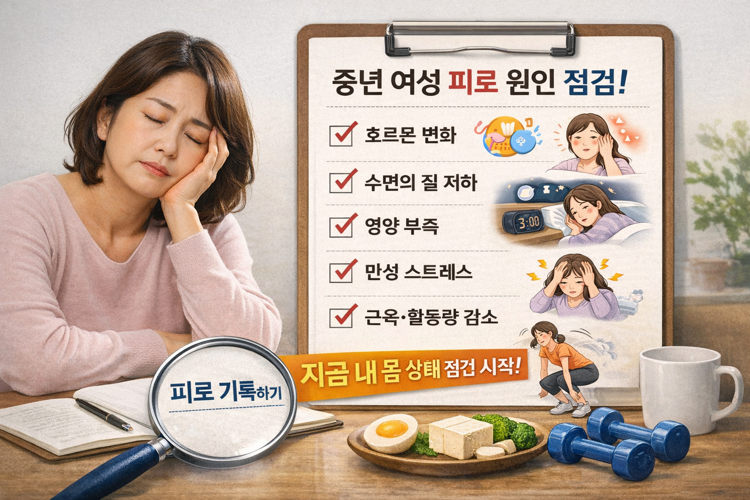 중년 여성 피로 원인을 점검하는 이미지, 호르몬 변화&middot;수면의 질 저하&middot;영양 부족&middot;만성 스트레스&middot;활동량 감소를 체크하는 모습