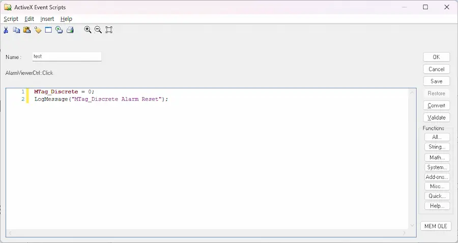 Script Editor에서 ActiveX Event Script 작성 예제