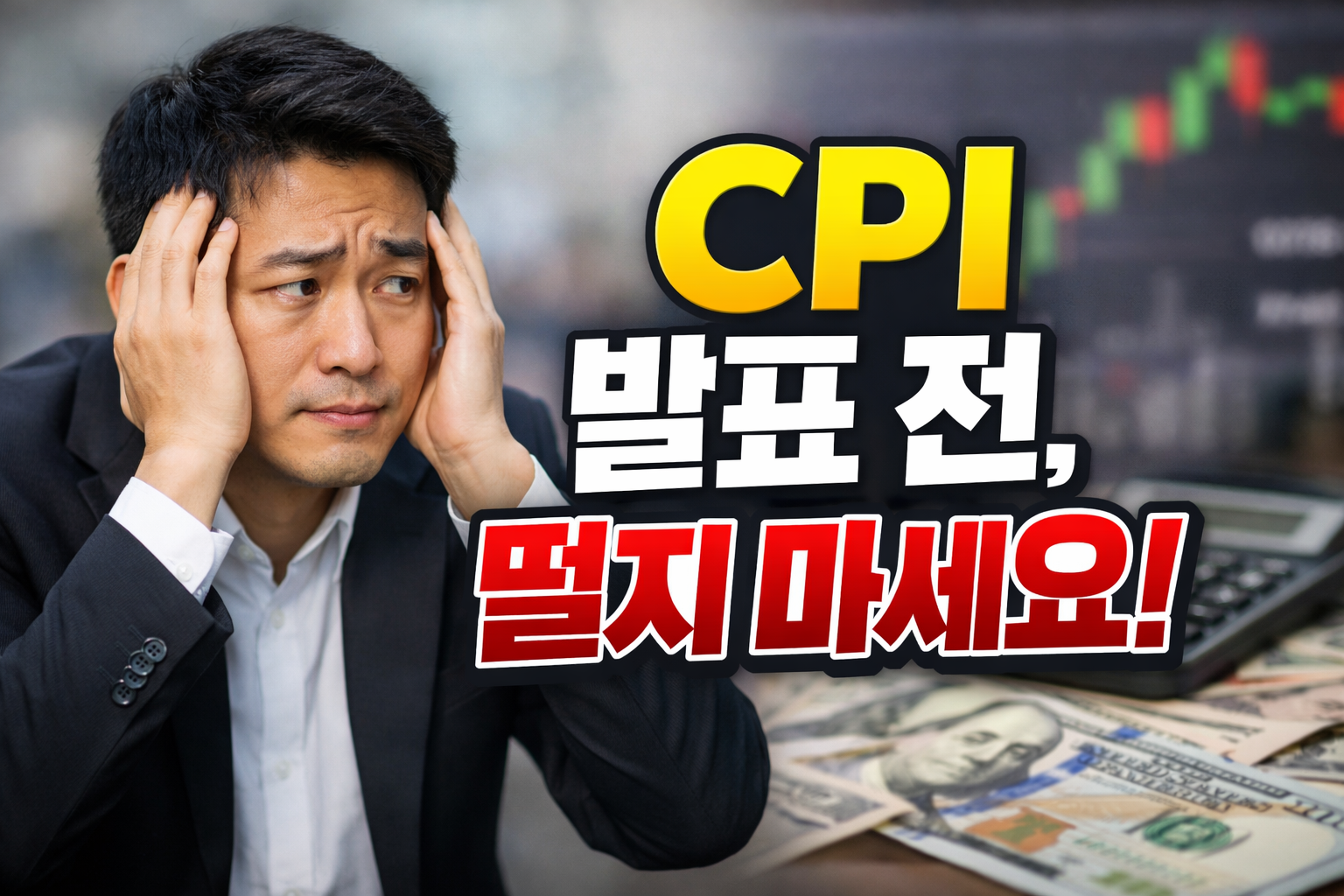 CPI 발표 전 시장 변동성을 걱정하는 남성과 달러 지폐, 주가 차트 배경 이미지