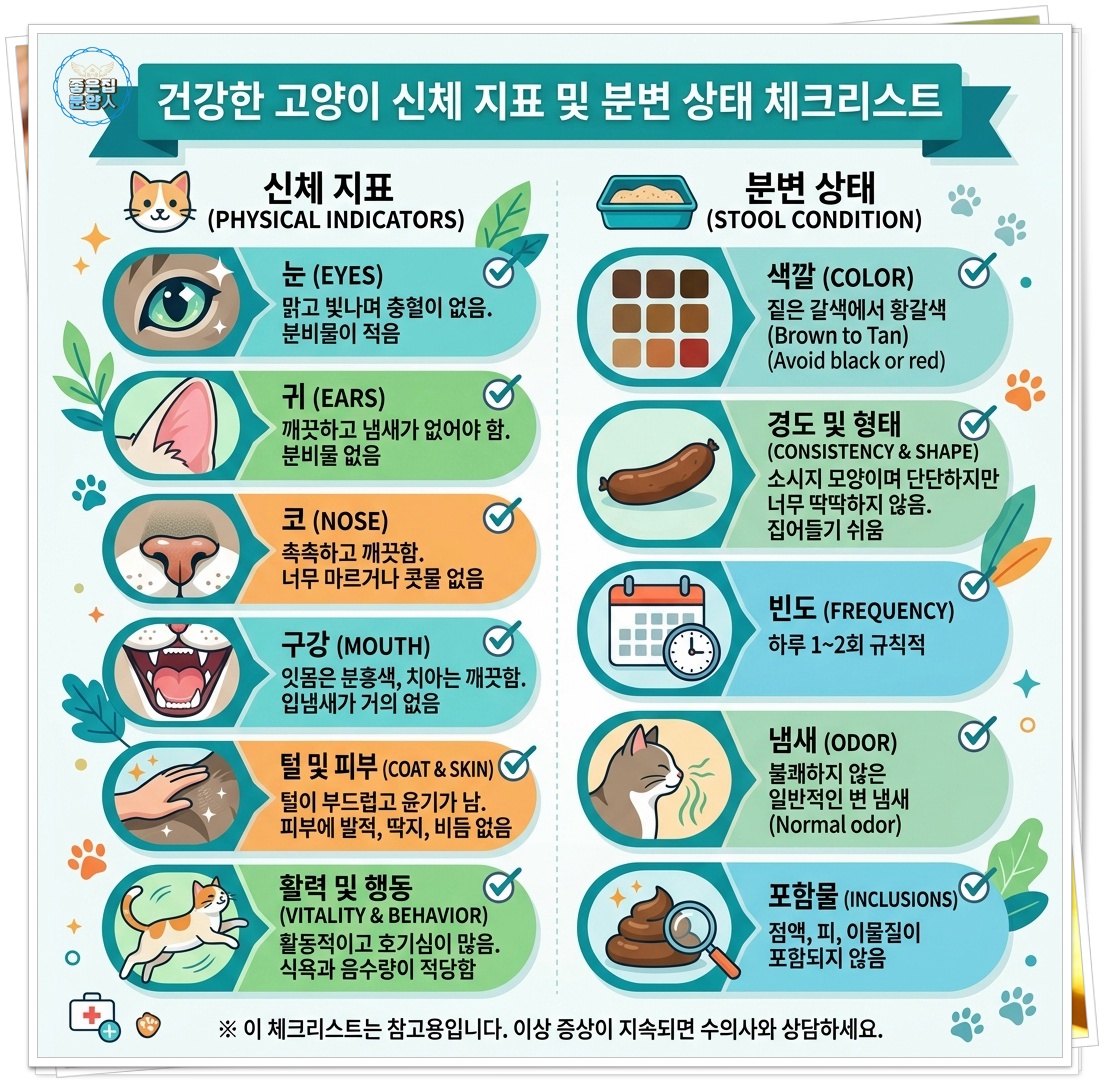 건강한 고양이의 신체 지표와 배변 상태를 체크리스트 형식으로 시각화한 분석 그래픽