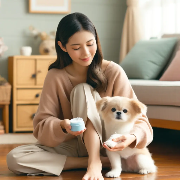 거실 바닥에 앉아 반려견의 갈라진 발바닥에 보호제를 바르는 동양인 젊은 여성의 초고해상도 사진