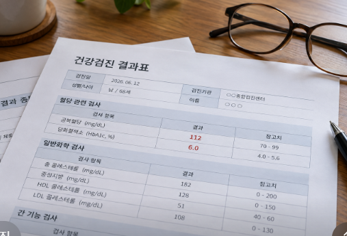 집 안 책상 위에 펼쳐진 건강검진 결과표에서 혈당 검사 항목을 확인하는 모습