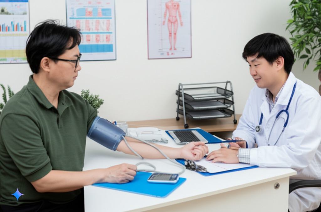 의사와 환자가 혈압 기록을 함께 검토하는 모습