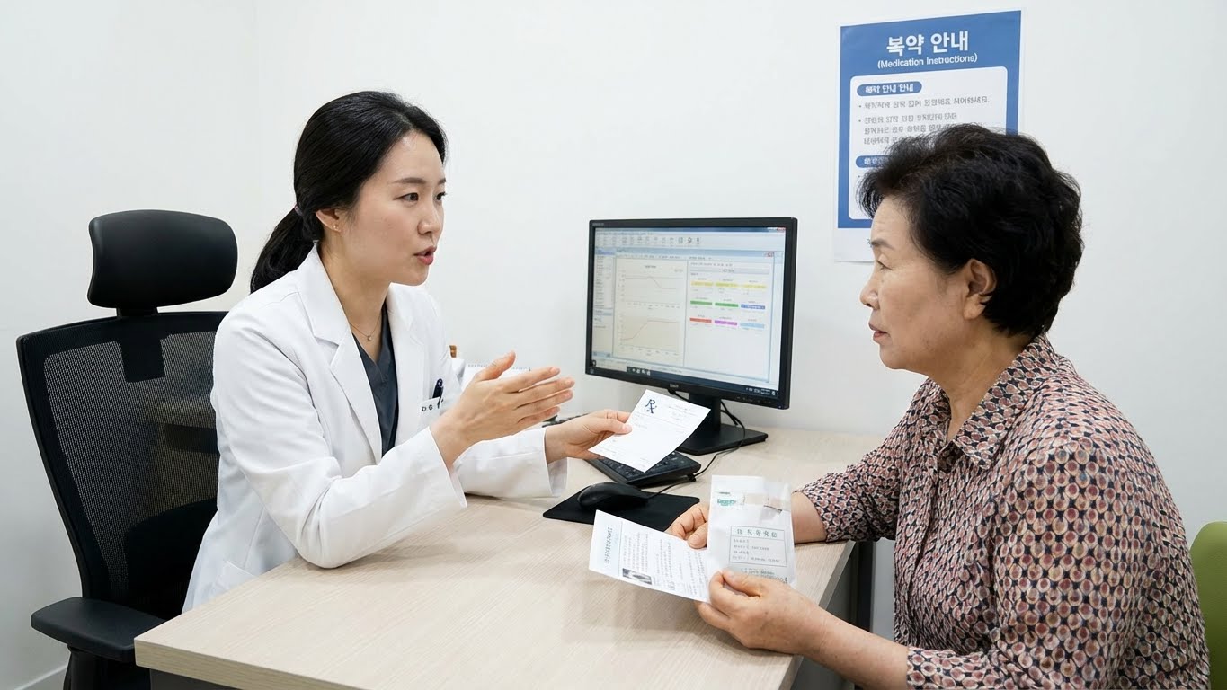 한국인 의사가 환자에게 처방전을 건네며 주의사항을 설명하는 모습.