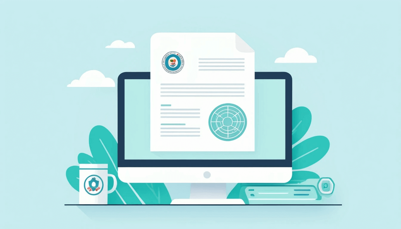 컴퓨터 화면에 공식 문서가 표시되어 있고, 주변에 머그컵과 식물이 있는 온라인 행정 처리 장면