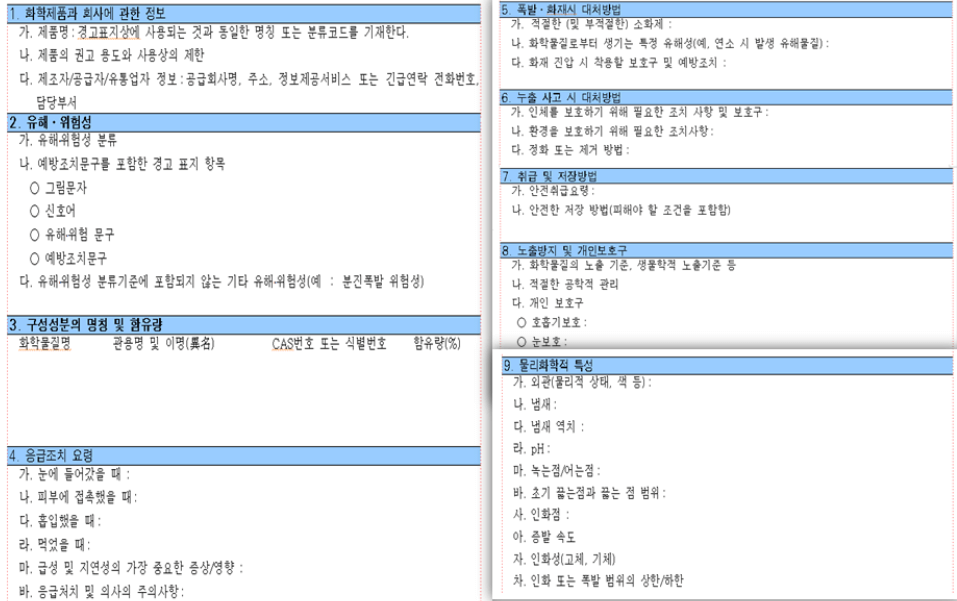 물질안전보건자료-구성내역-1번~9번항목표