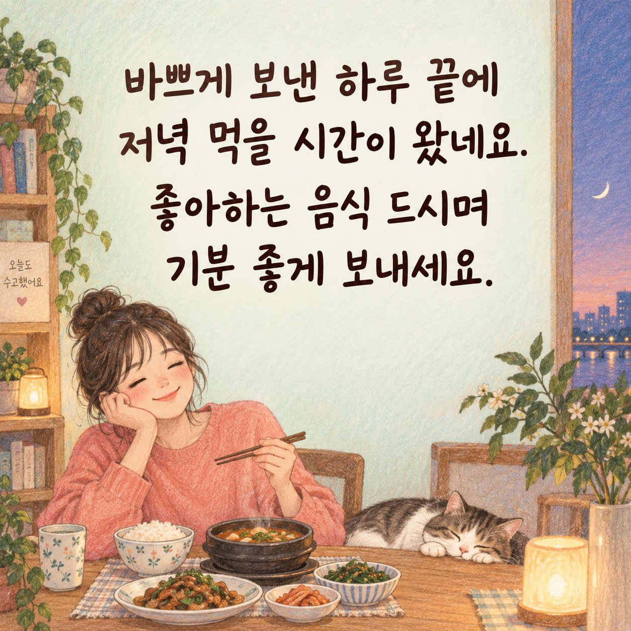 행복한 저녁 인사 이미지 2 — 바쁘게 보낸 하루 끝에 저녁 먹을 시간이 왔네요. 좋아하는 음식 드시며 기분 좋게 보내세요.