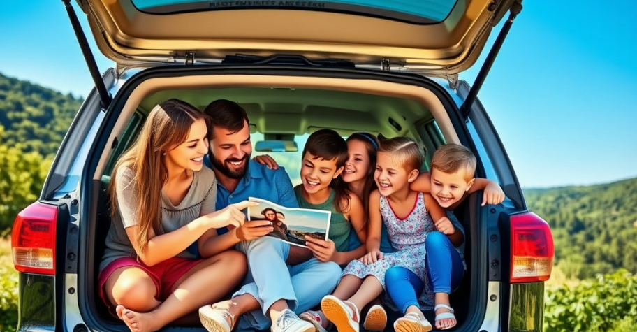 가족들이 트렁크에 앉아 이야기 하고 있는 모습 관련 사진