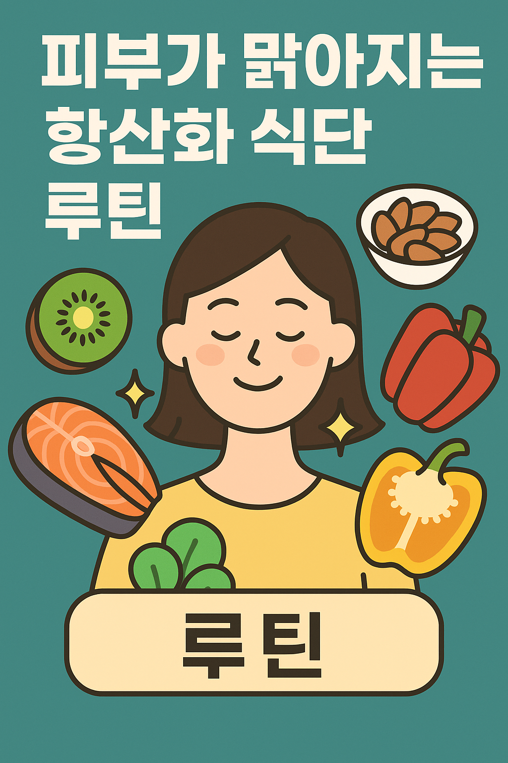 피부 건강을 위한 항산화 식단 루틴을 소개하는 한국어 인포그래픽 이미지로, 키위, 연어, 파프리카, 아몬드 등 피부에 좋은 항산화 식품들이 삽화로 표현된 플랫 스타일 디자인