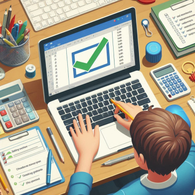 다양한 업무 도구들과 함께 체크된 데이터가 보이는 노트북 화면.