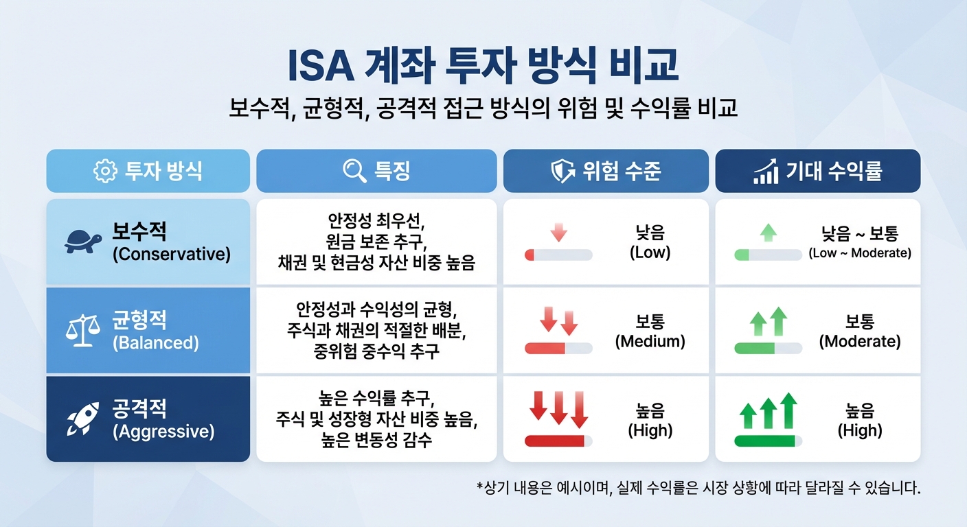ISA 유형별(일임형, 신탁형, 중개형) 장단점 및 특징을 비교하는 표 형태의 이미지.