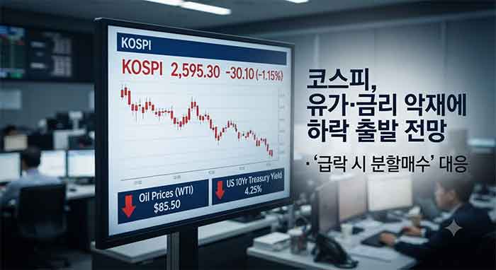 하락 출발하는 코스피 증권가 화면.