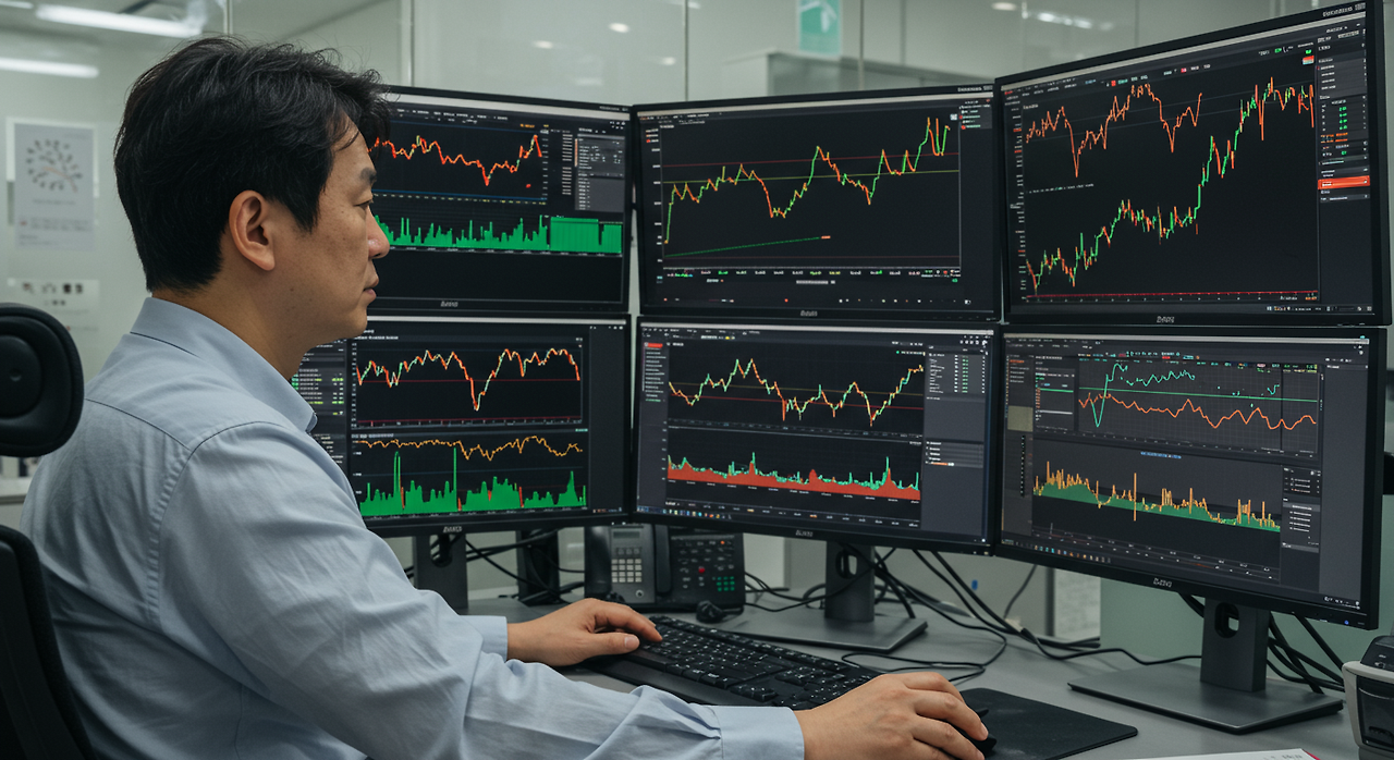 책상 앞에서 여러 모니터로 카카오 주식을 분석하는 증권 전문가의 모습