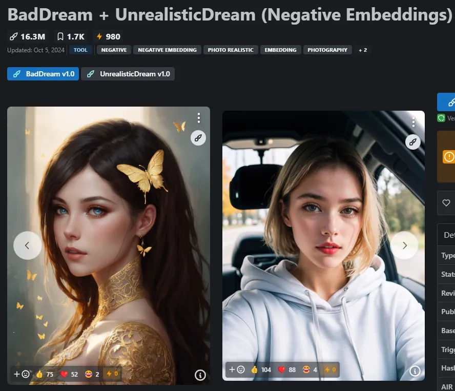 BadDream + UnrealistickDream 임베딩 페이지