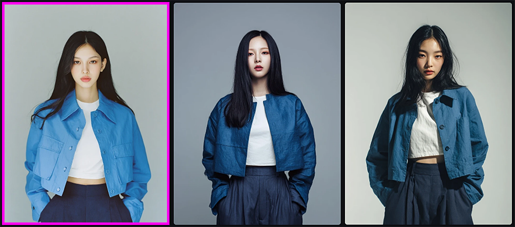 회색 스튜디오 배경에서 촬영된 20대 여성 패션 화보 기준 인물 이미지_Midjourney