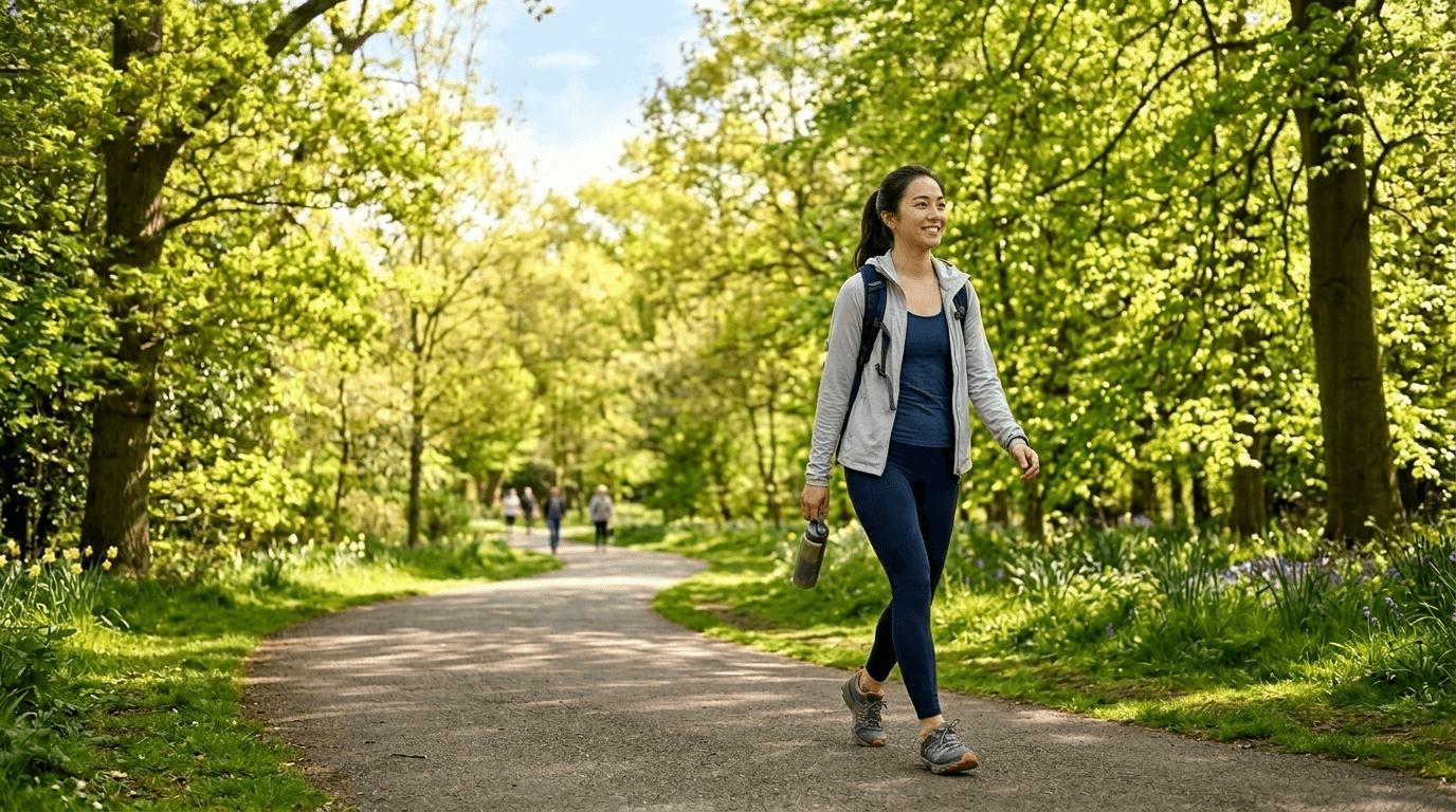 야외에서 햇볕을 받으며 가볍게 걷는 사람 사진 스타일