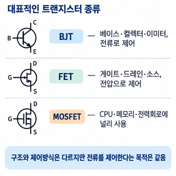 BJT의 베이스 컬렉터 이미터와 FET의 게이트 드레인 소스 구조 및 MOSFET 활용 차이를 비교한 이미지