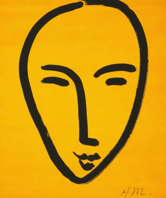 <노란 배경 위의 얼굴 (Face on a Yellow ground)>, 1952, 종이에 구아슈, 잉크