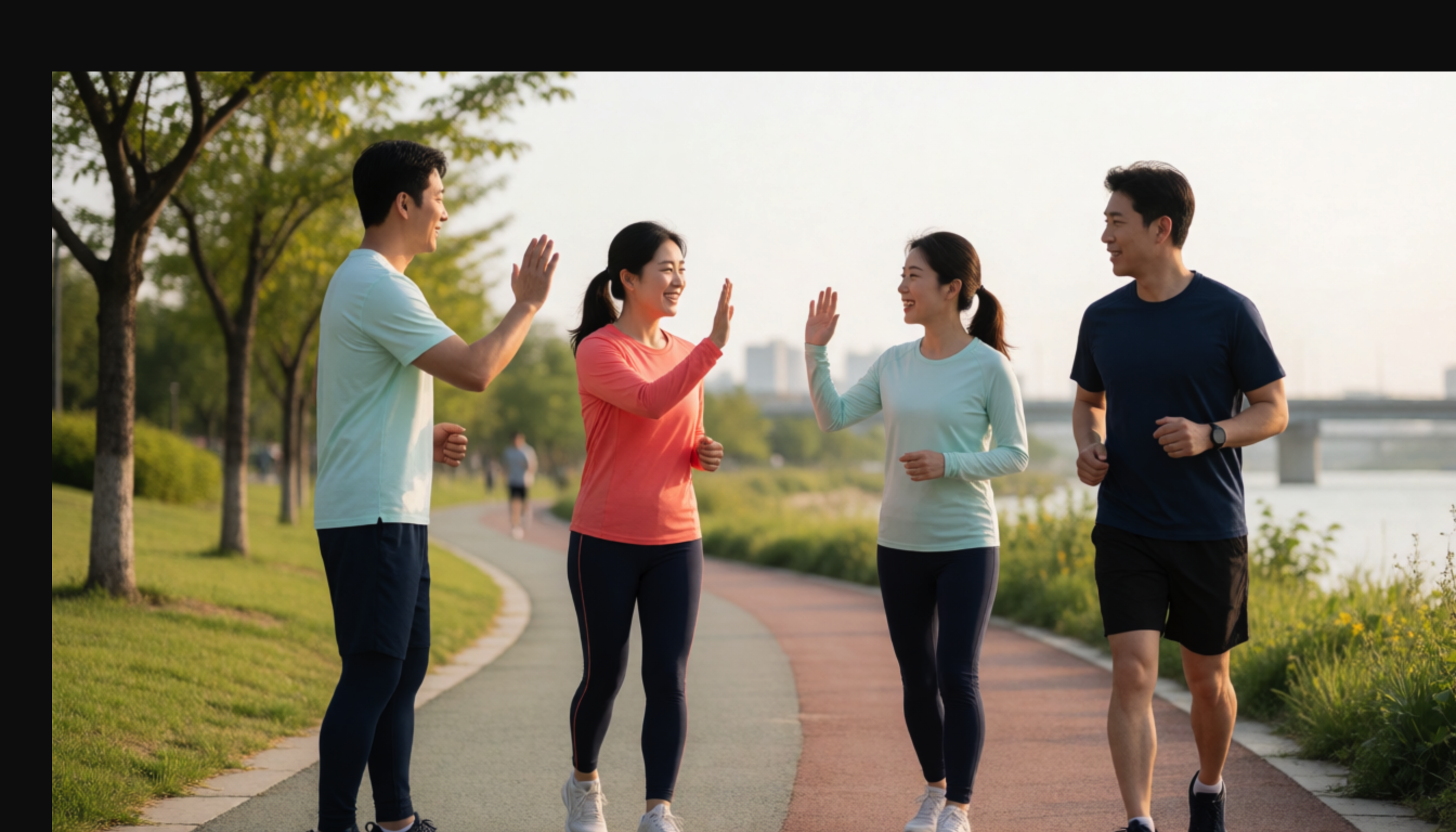 강변 공원에서 서로 손을 들어 인사하는 성인 네 명
