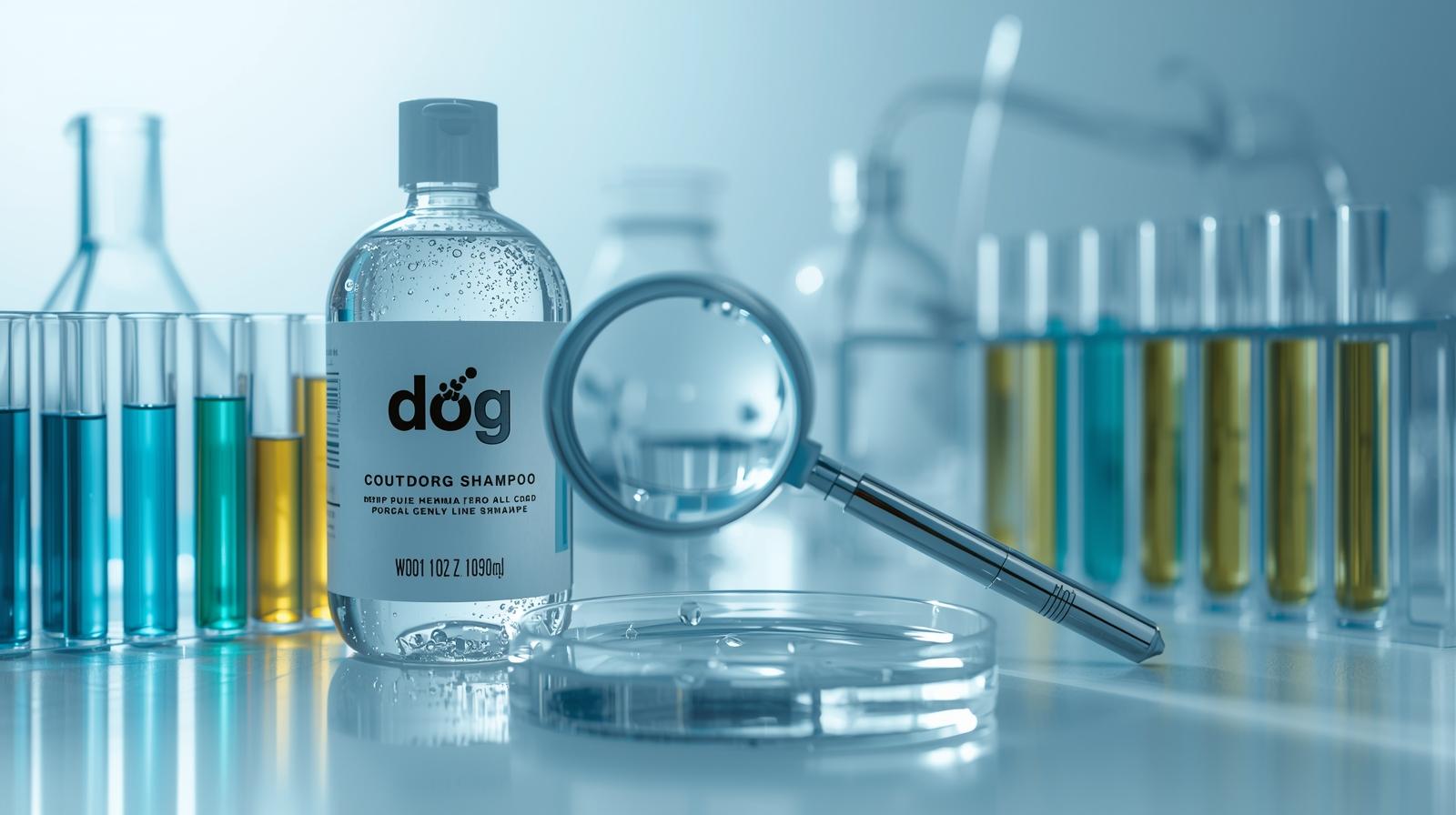 강아지 샴푸 성분을 검사하는 느낌의 돋보기와 샴푸병, 여러성분이 들어있는 투명슬라이드가 배열되있는 이미지