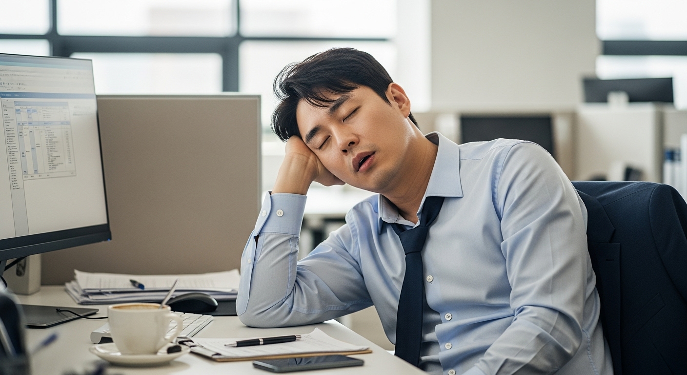 회사에서 졸고 있는 남성 이미지