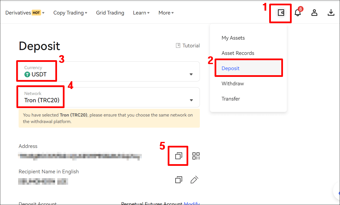 1. 지갑 모양 클릭
2. 입금 버튼 클릭
3. USDT 선택
4. 네트워크 TRC20 선택
5. 주소에서 복사하기 버튼 클릭