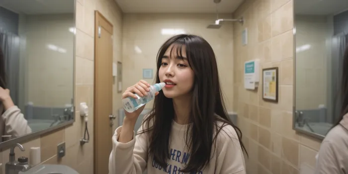 대학생이 기숙사 욕실에서 가글하는 장면