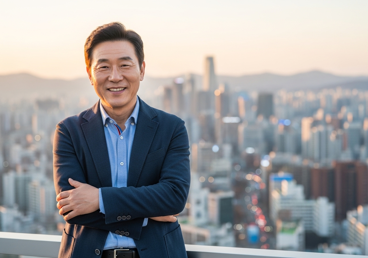 50대 한국 남성, 자신감 있는 미소