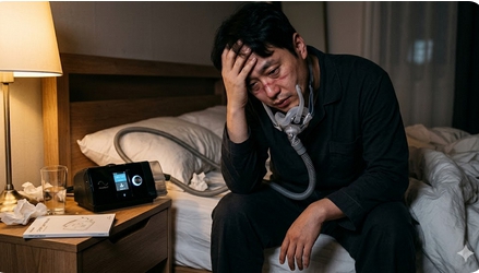 얼굴에 마스크 자국과 상처가 남은 채 괴로워하는 남성의 모습