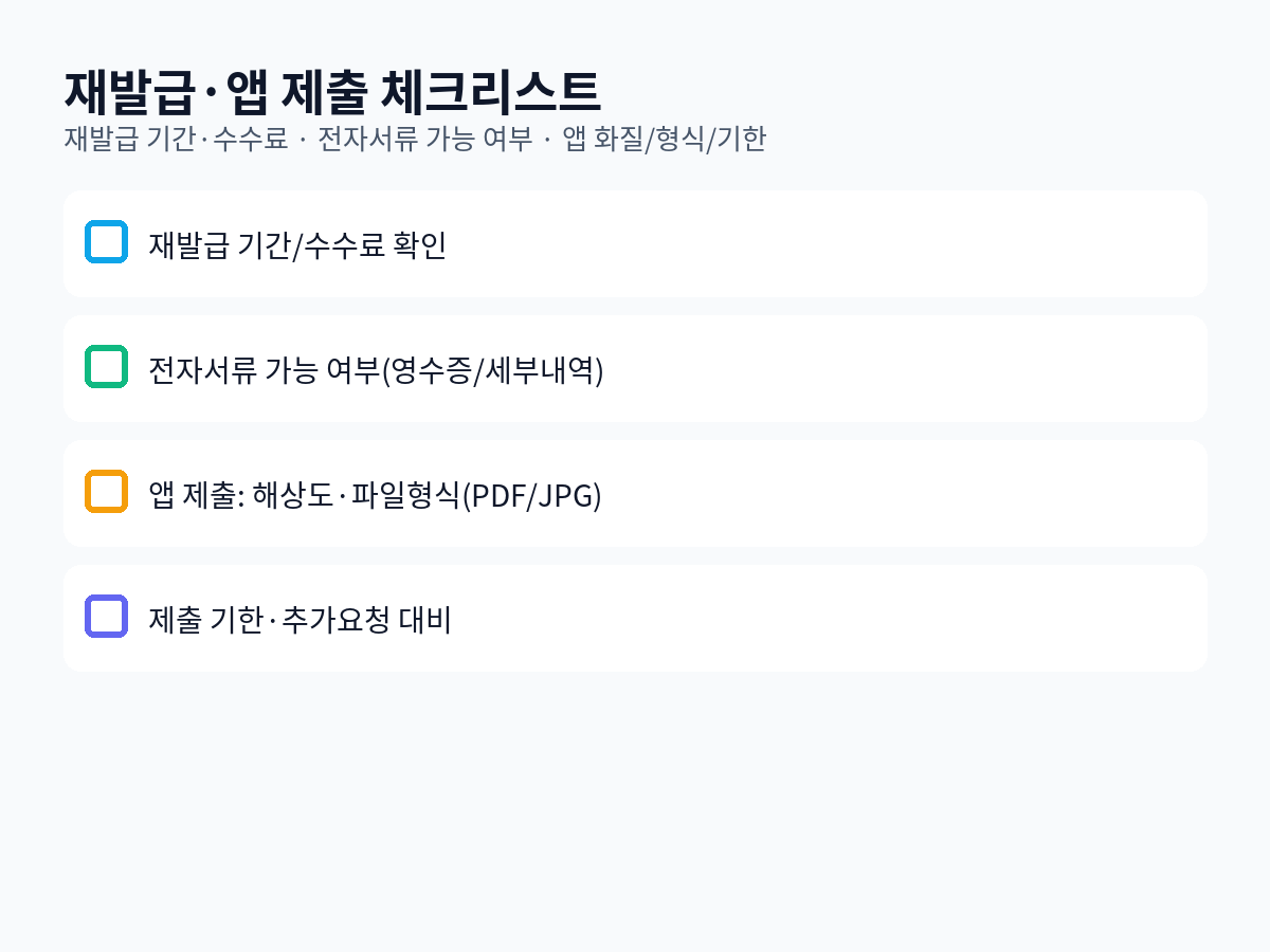 재발급·앱 제출 체크리스트: 재발급 기간/수수료, 전자서류 가능, 파일 해상도/형식, 제출 기한