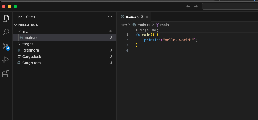VS Code에서 새로 생성된 Rust 프로젝트 폴더 구조 화면2