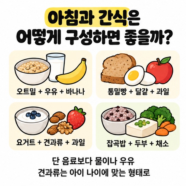 오트밀, 달걀, 요거트, 과일로 만든 아침과 간식 조합을 보여주는 그림