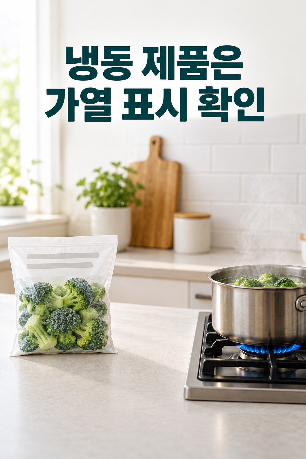 냉동 브로콜리의 포장 지시를 읽고 가열하는 순서