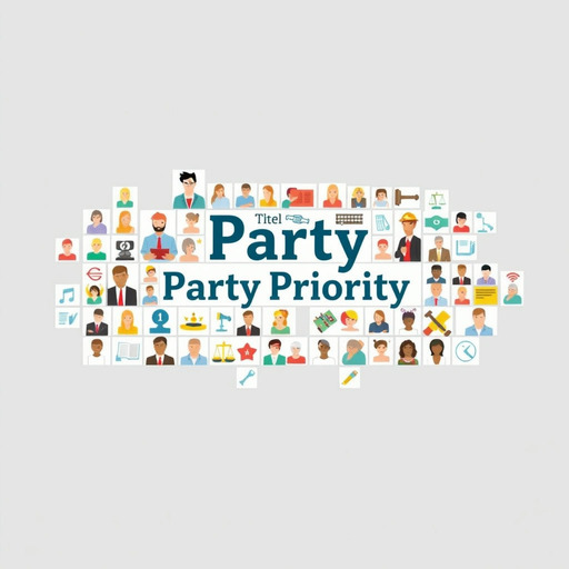 여러 개의 작은 그림이나 아이콘을 모자이크처럼 배치하여 한 장의 큰 이미지를 구성합니다. 각 작은 그림은 앞서 제시된 이미지들의 핵심 요소(당 지도부, 후보, 법전, 토론하는 사람들, 법적인 상징 등)를 간략하게 나타내고, 이들이 '당무 우선권'이라는 중앙의 큰 단어나 상징물을 향해 있거나 연결되어 있음을 보여줍니다. 주제의 복합성을 표현하는 이미지입니다.